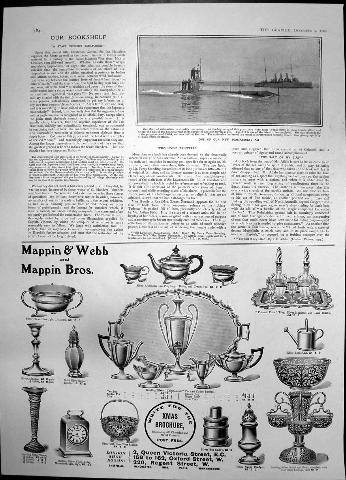 Antique Old Print New Submarine A11 Mappin Webb Silver Bowls Vases Pots 1905