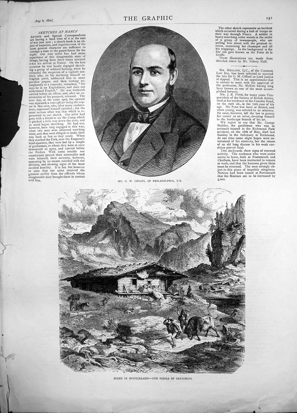 Antique Print G Childs Philadelphia Sketcher Switzerland Attacked Bull 1870