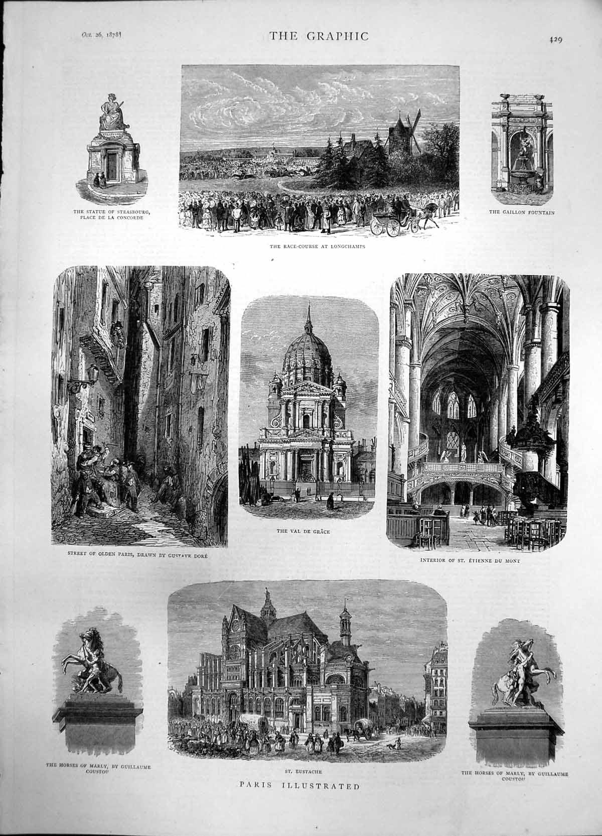 Antique Old Print Paris St Eustache Race Course Longchamps Val De Grace 1878