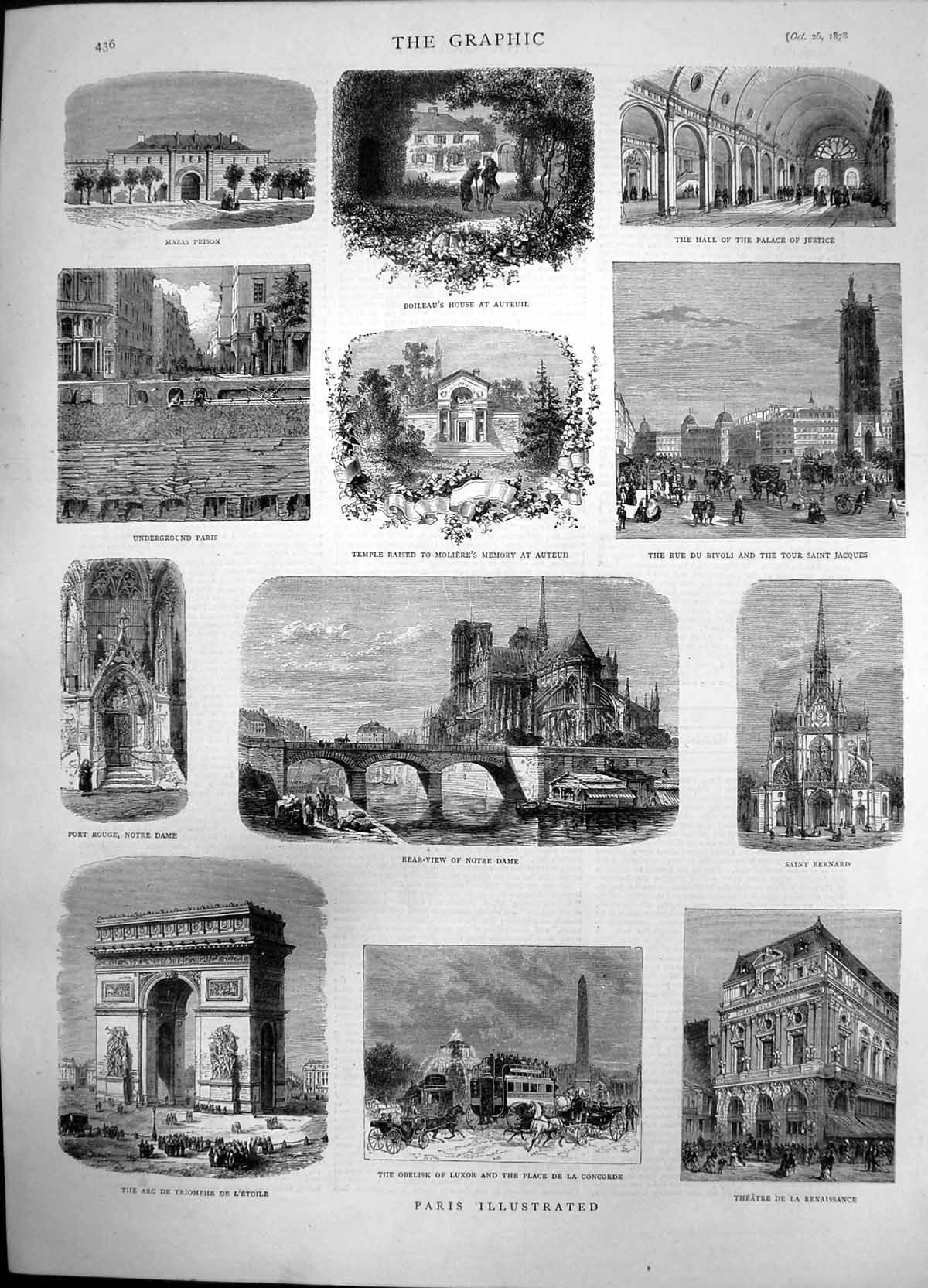 Old Print Paris Mazas Prison Tour Saintjacques Bernard Obelisk Luxor 1878 19th