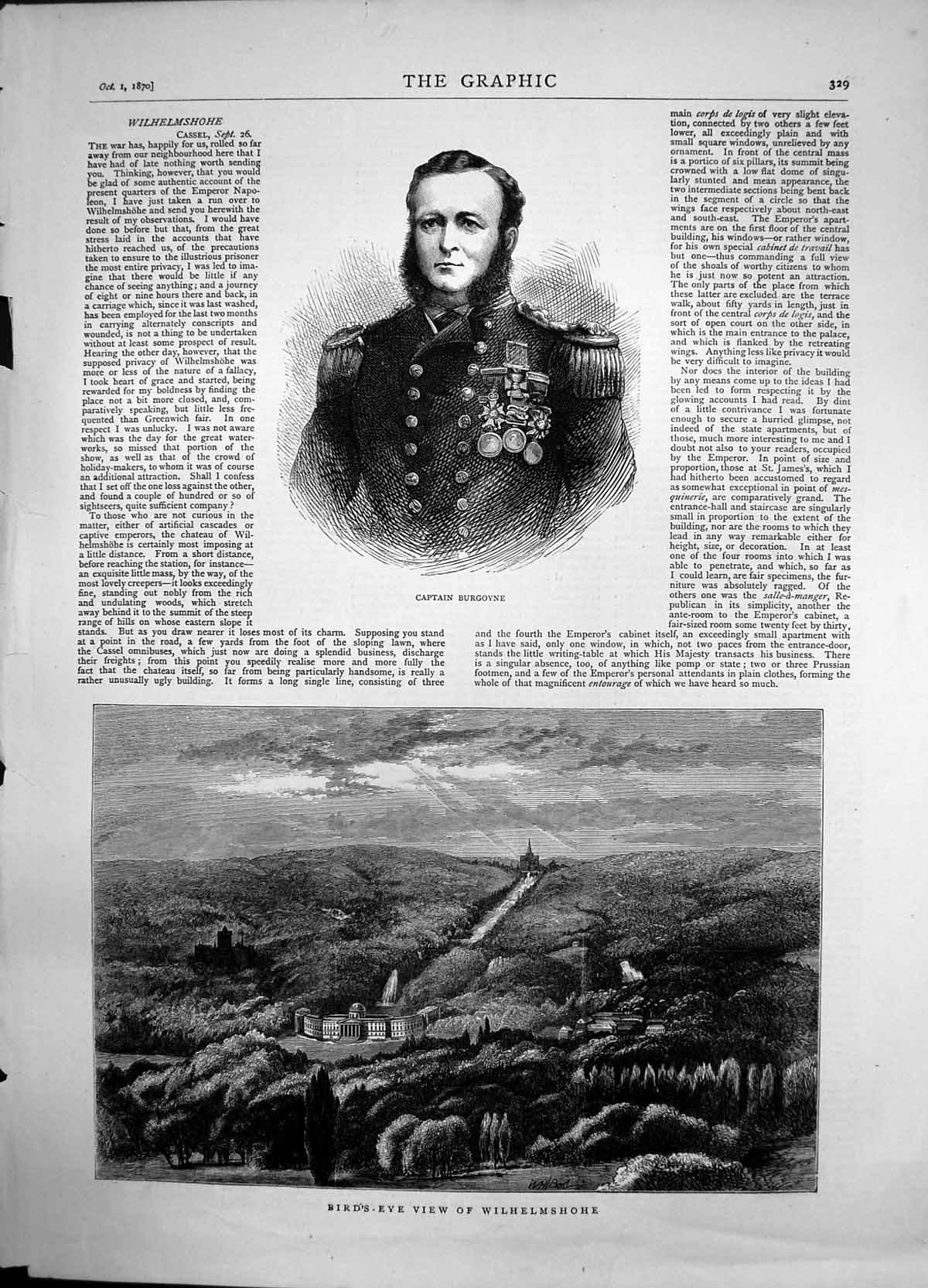 Original Old Antique Print Captain Burgoyne Birds Eye View Wilhelmshohe 1870