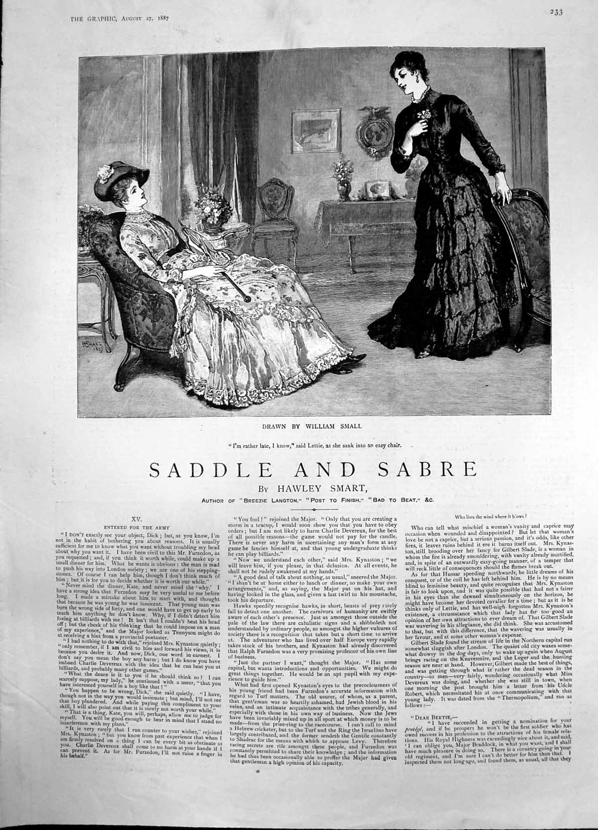 Antique Old Print Saddle Sabre W Small Lettie Tells Hostess Shes Late 1887 19th