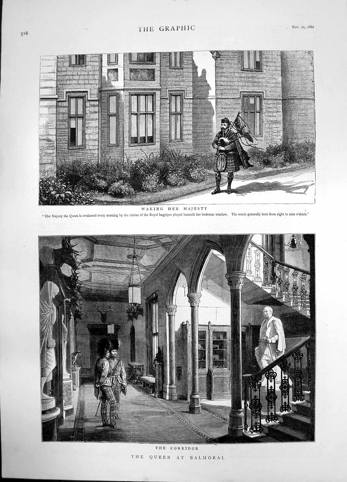 Old Antique Print Queen Balmoral Corridor Staircase Waking Bagpipes 1882 19th