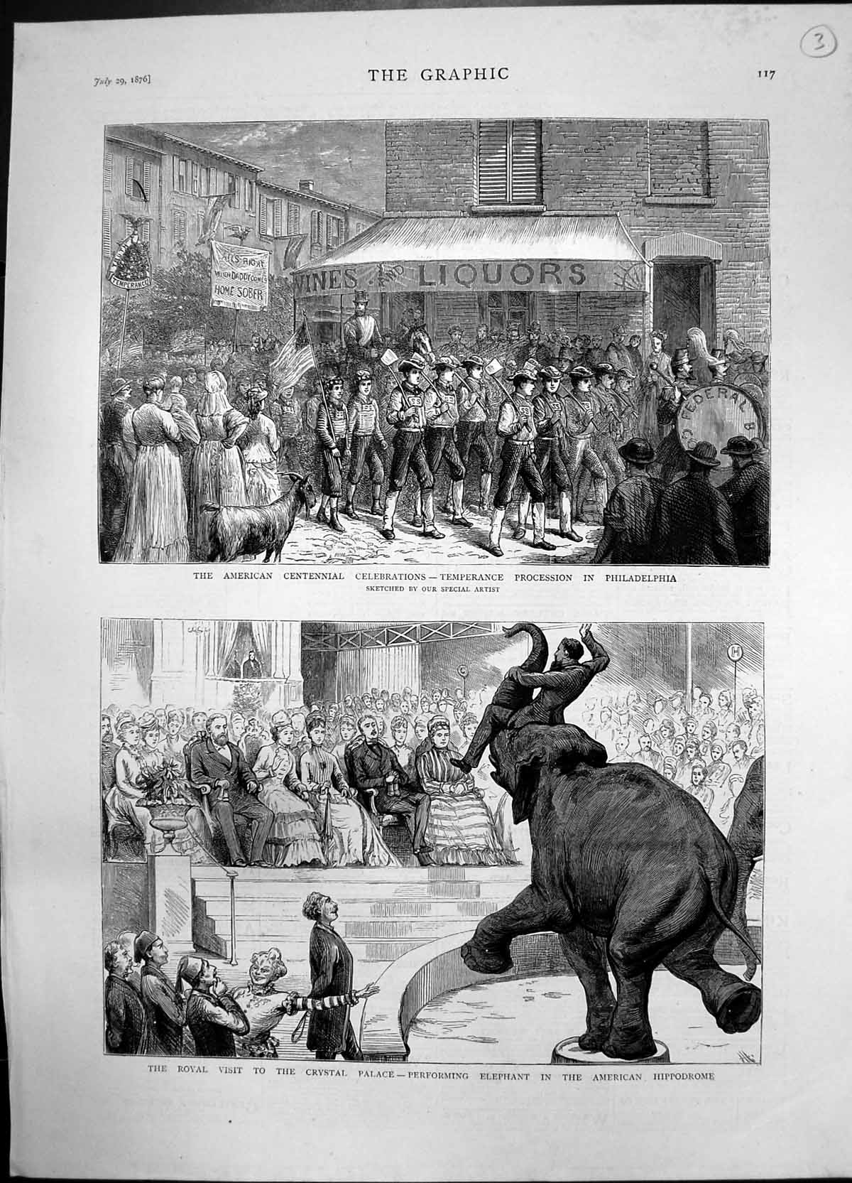 Antique Print Temperance Procession Philadelphia Elephant Crystal Pal 1876 19th