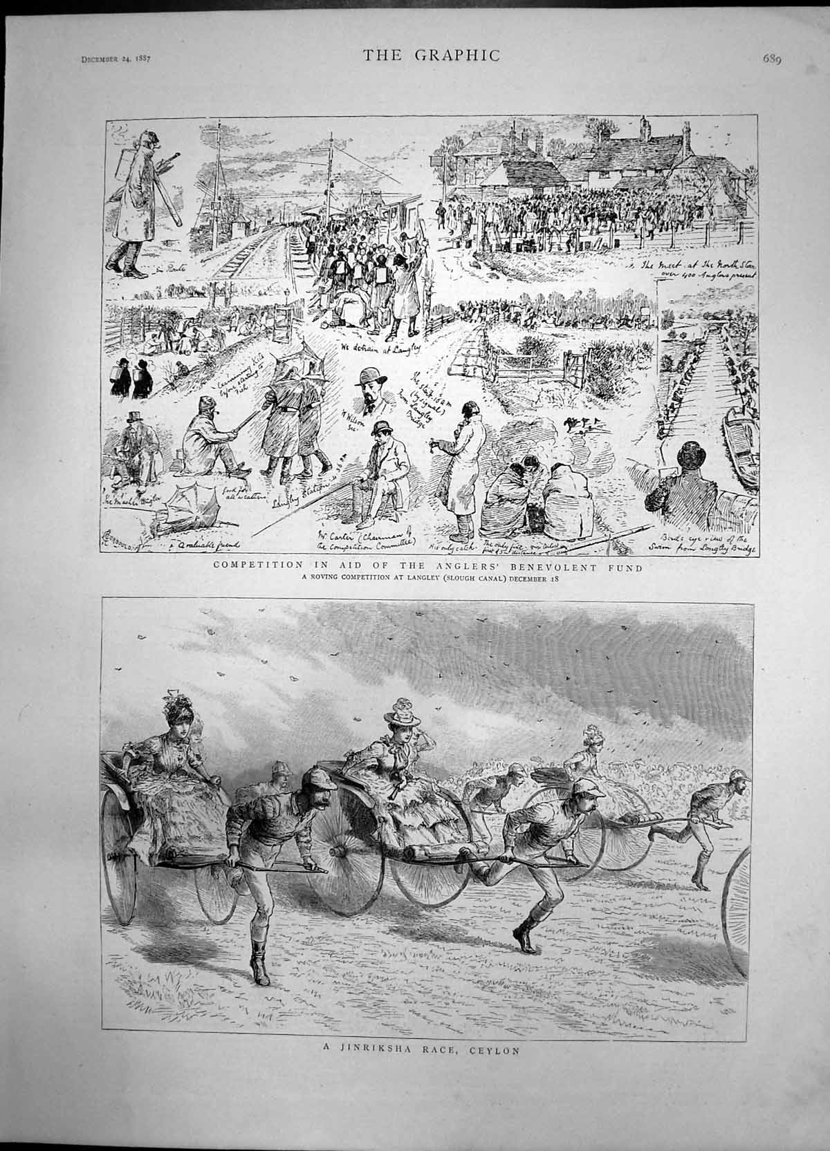 Old Antique Print Anglers Competition Langley Jinriksha Race Ceylon 1887 19th