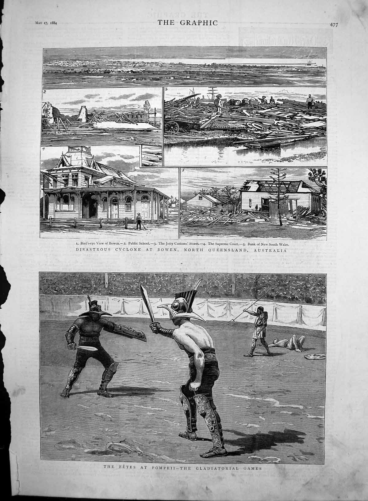 Old Disastrous Cyclone Bowen North Queensland Gladiators Pompeii 1884 Victorian
