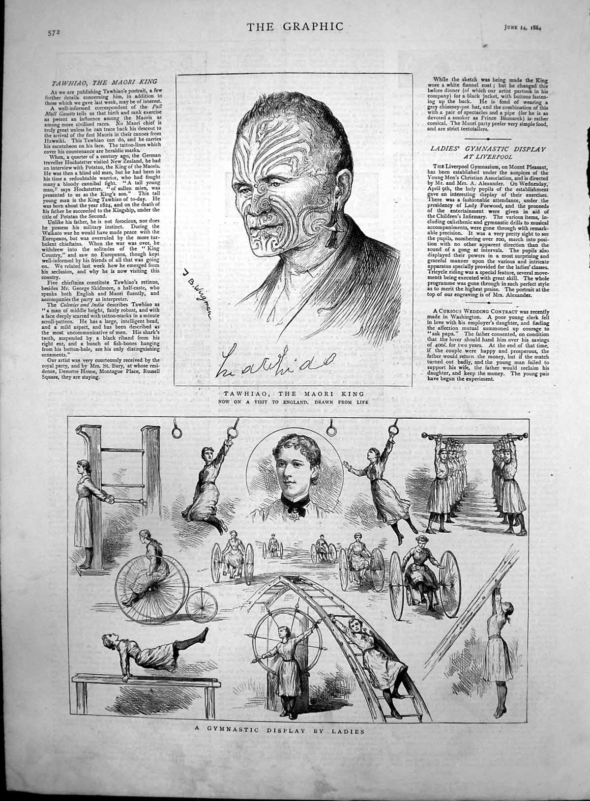 Old Print Tawhiao Maori King Visit England Gymnastic Display Ladies 1884 19th