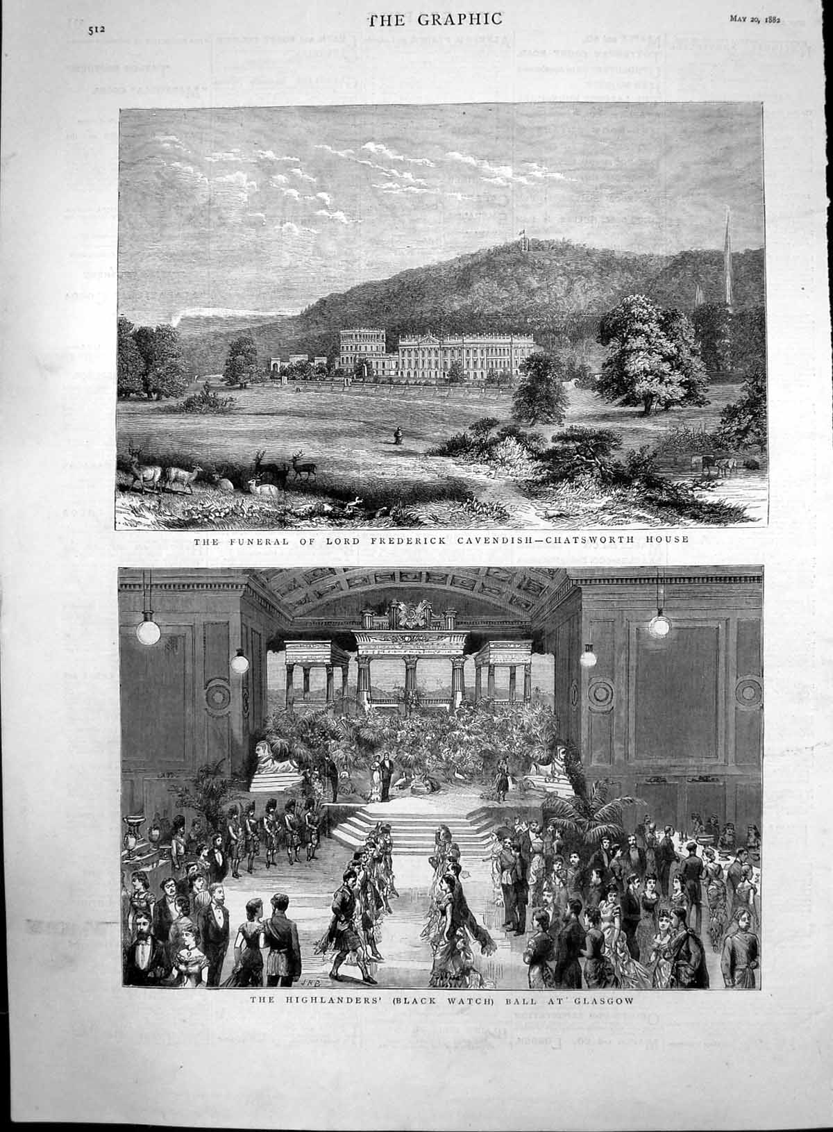 Antique Print Funeral Lord Cavendish Chatsworth House Black Watch Ball 1882