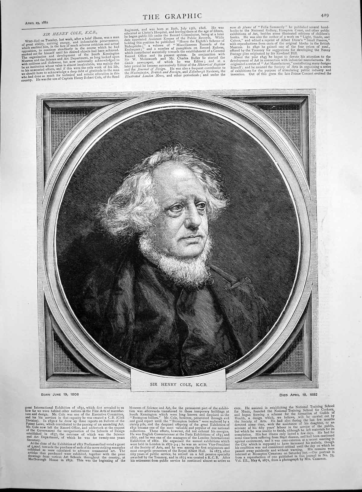 Original Old Antique Print Portrait Sir Henry Cole Kgb Born 1808 Died 1882 19th