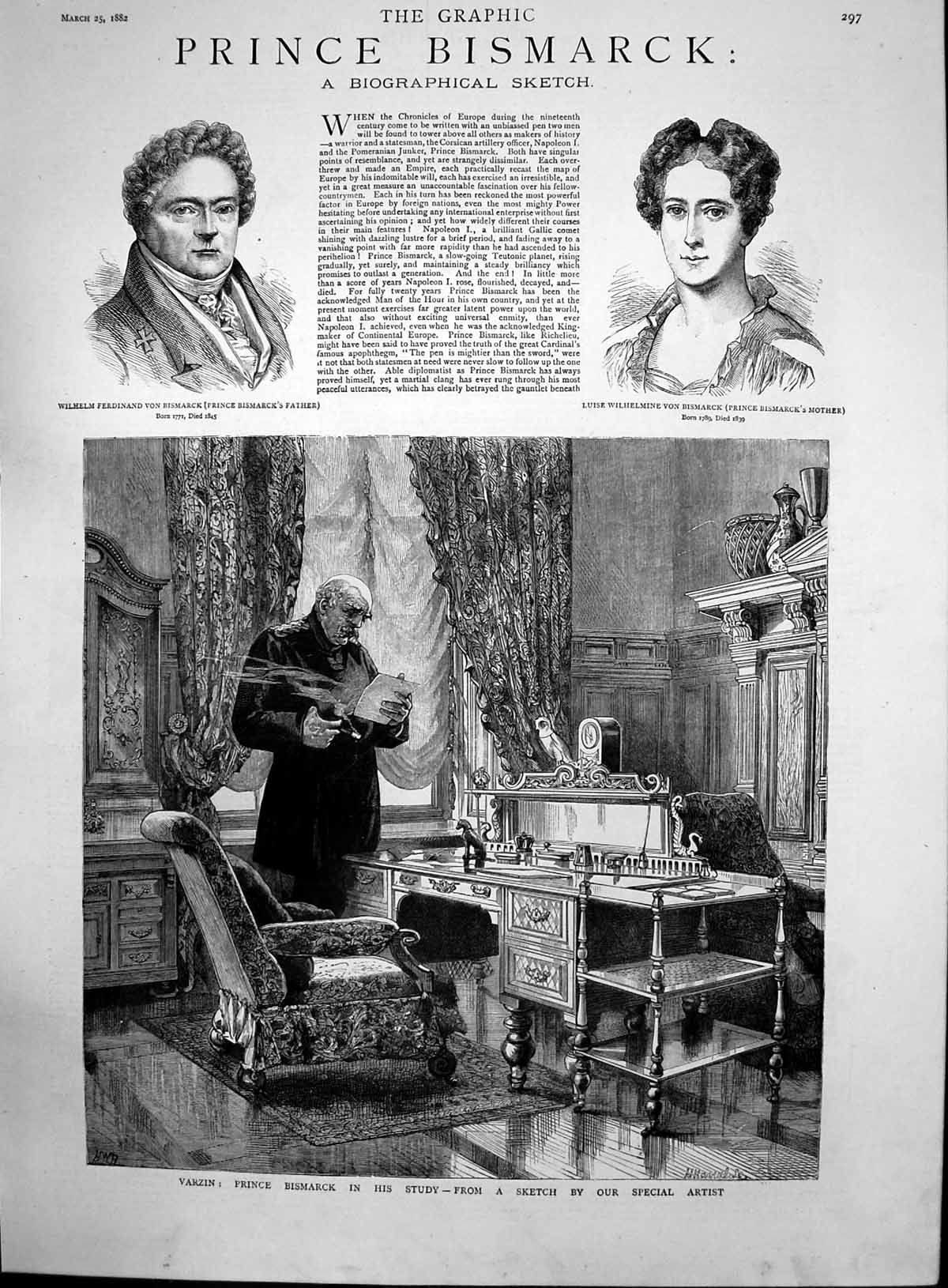 Antique Print Varzin Prince Bismarck Study Wilhelm Father Luise Mother 1882