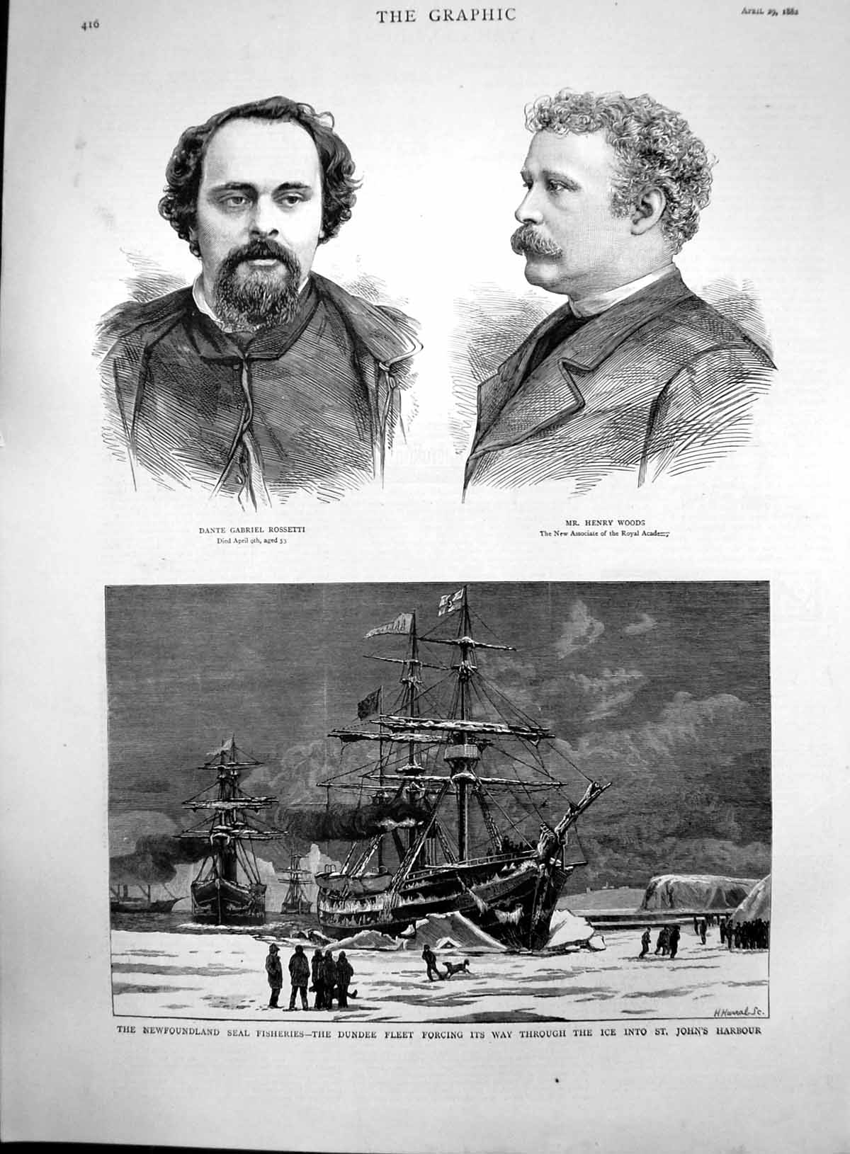 Old Print Dante Rossetti Henry Woods Newfoundland Seal Fisheries Ice 1882 19th