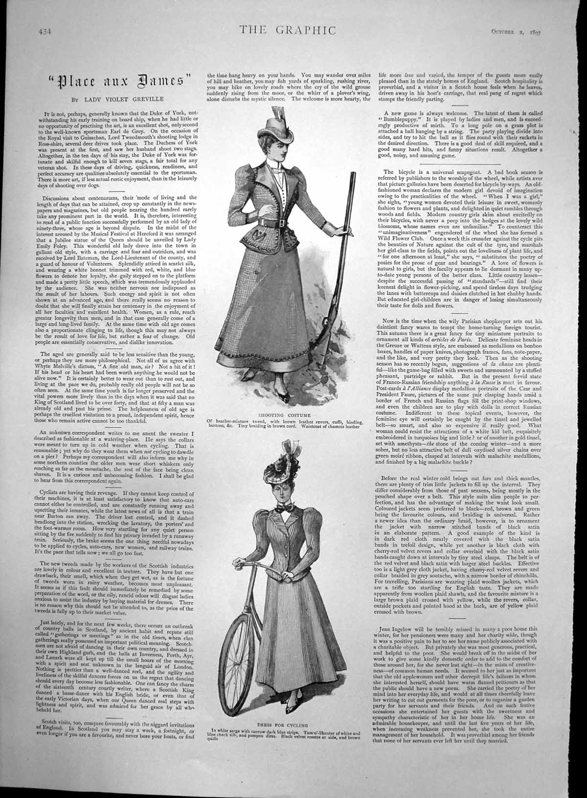 Old Antique Print Ladies Fashion Shooting Costume Dress For Cycling 1897 19th