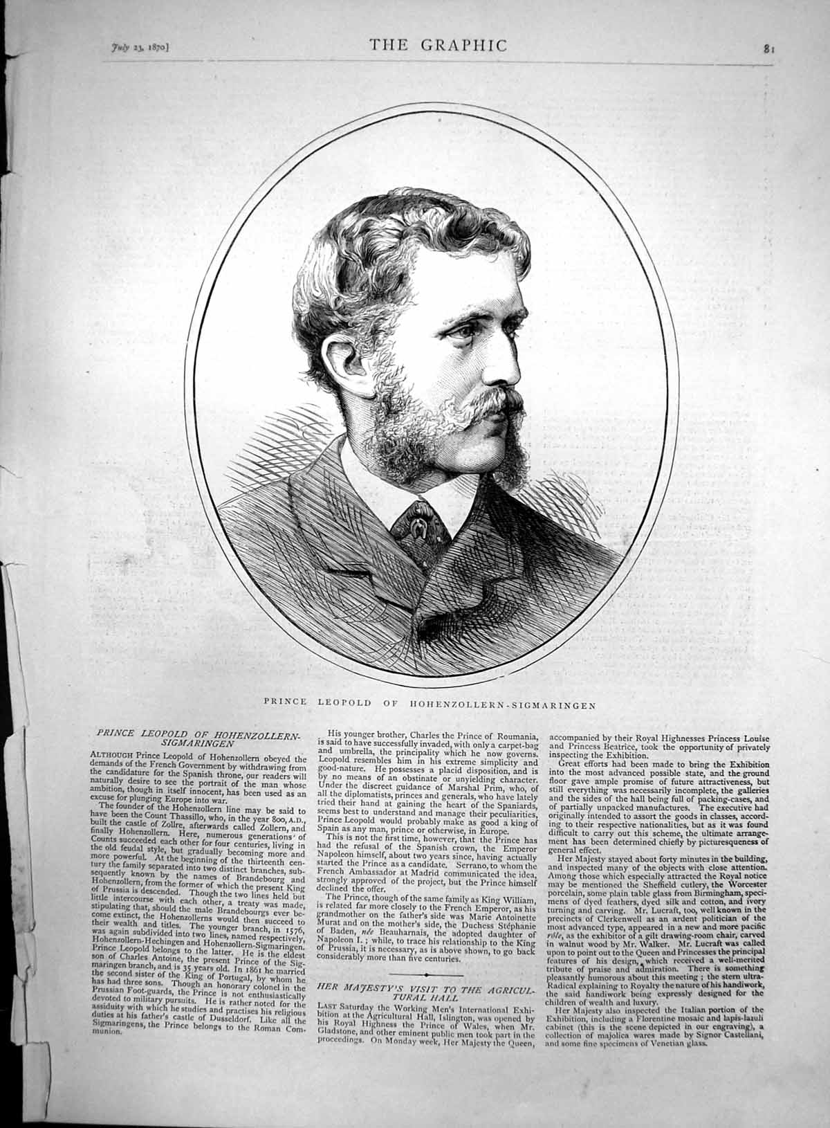 Original Old Antique Print Portrait Prince LepHohenzollern-Sigmaringen 1870