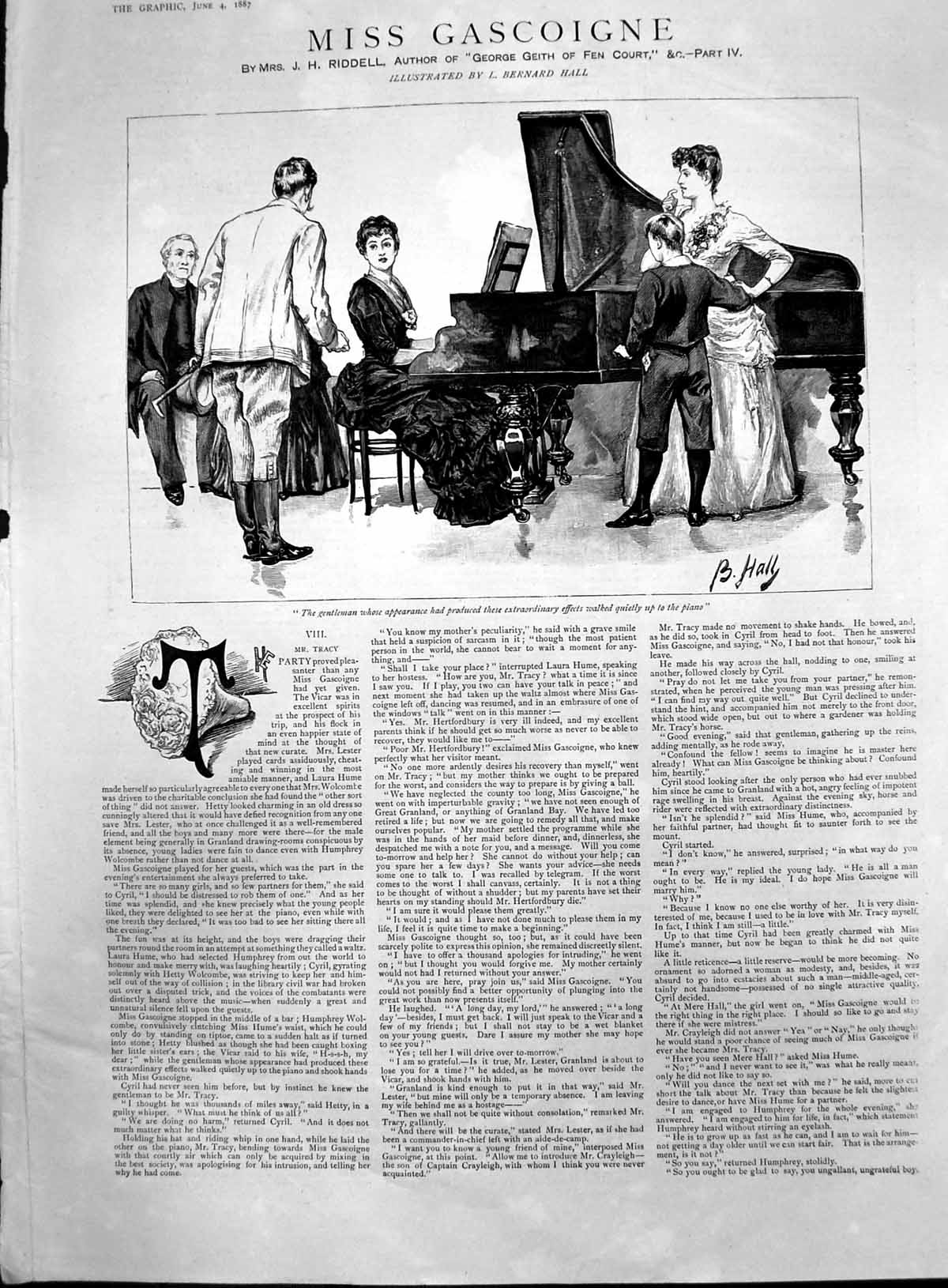Antique Print Miss Gascoigne Mrs Riddell Gentleman Lady Playing Piano 1887 19th
