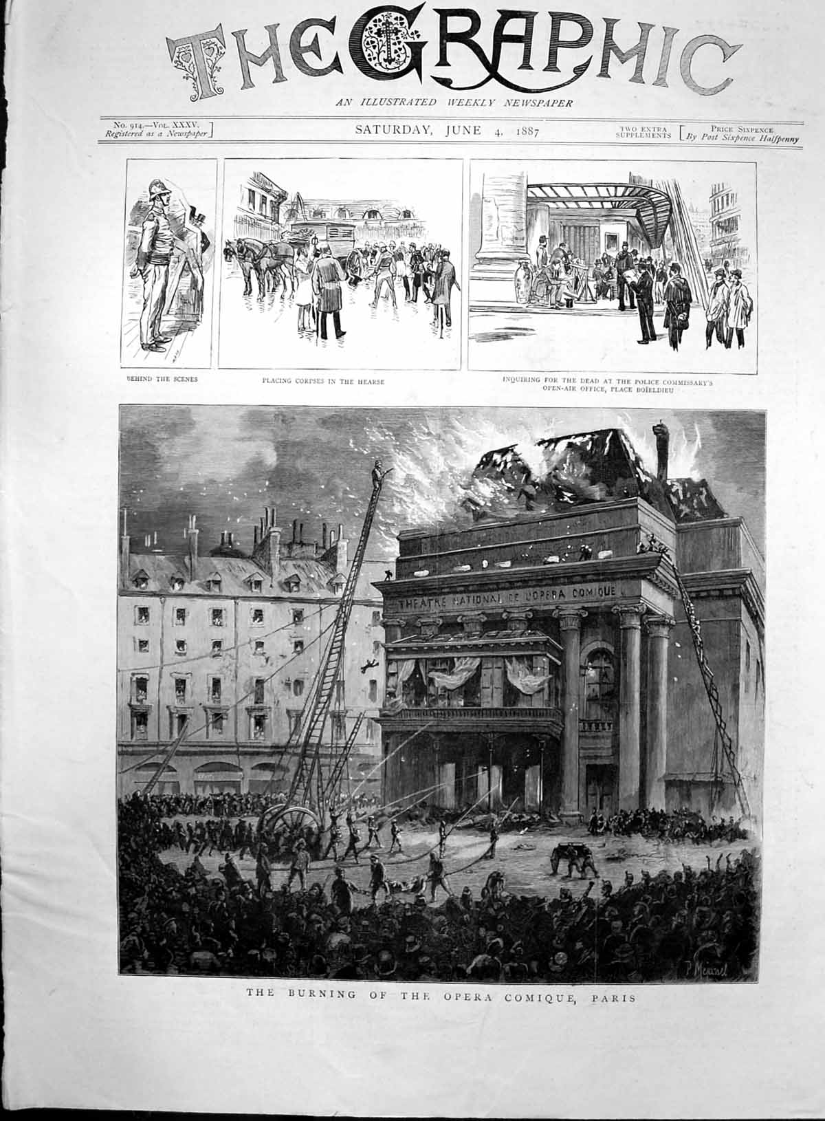 Old Print Burning Opera Comique Paris Corpses Hearse Inquiring Dead 1887 19th