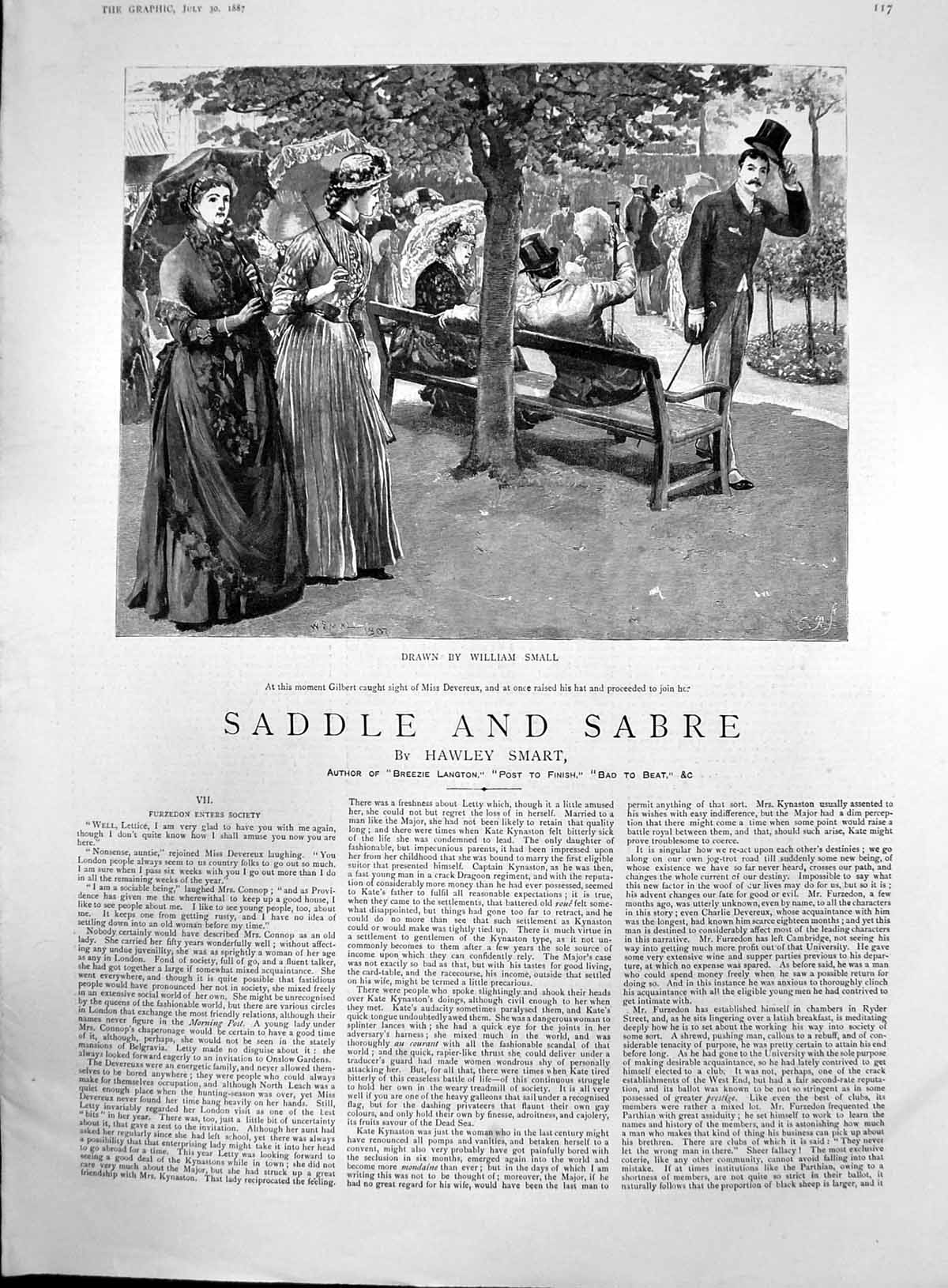 Old Print Saddle Sabre William Small Gibert Raised Hat Miss Devereux 1887 19th