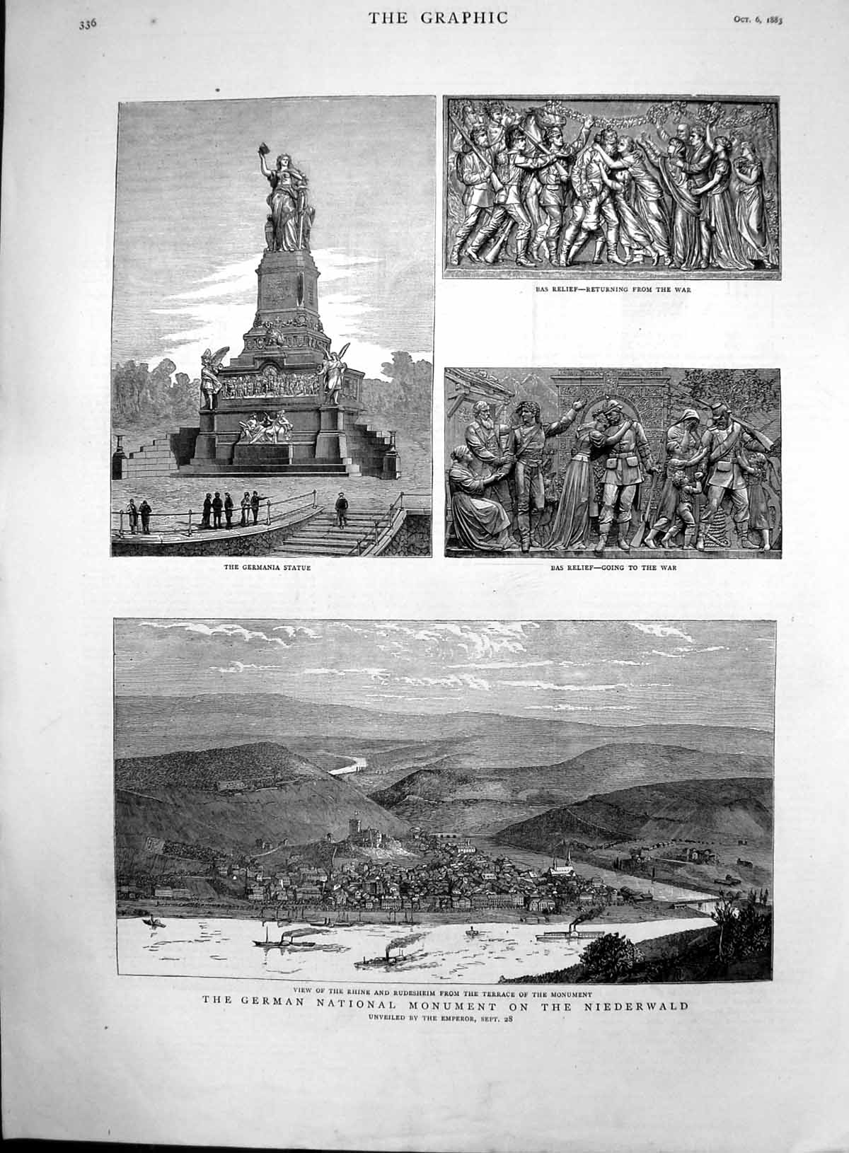 Antique Old Print German Monument Niederwald Rhine Rudesheim Bas Relief 1883