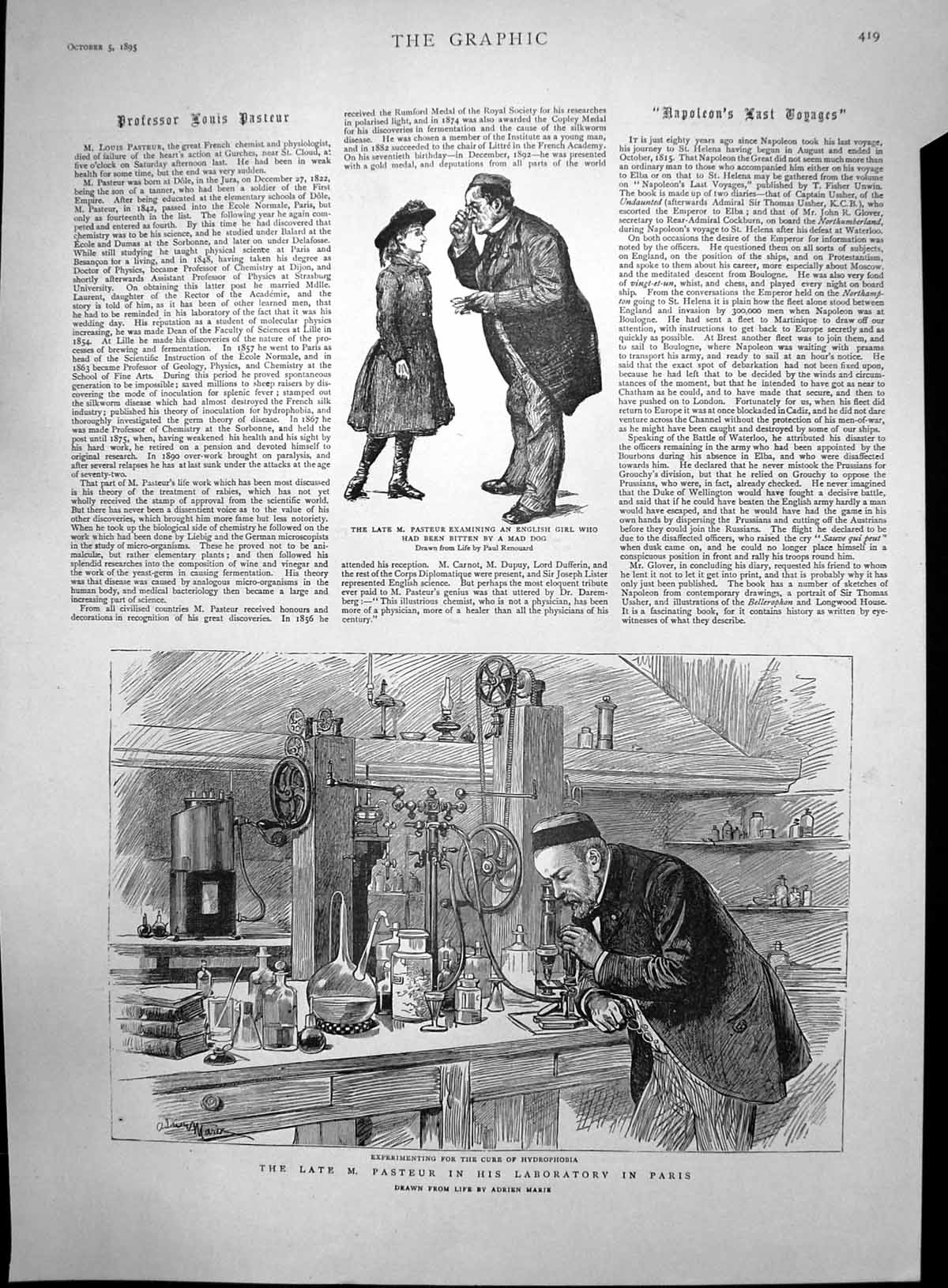 Old Antique Print M Pasteur Laboratory Paris English Girl Bitten Dog 1895 19th