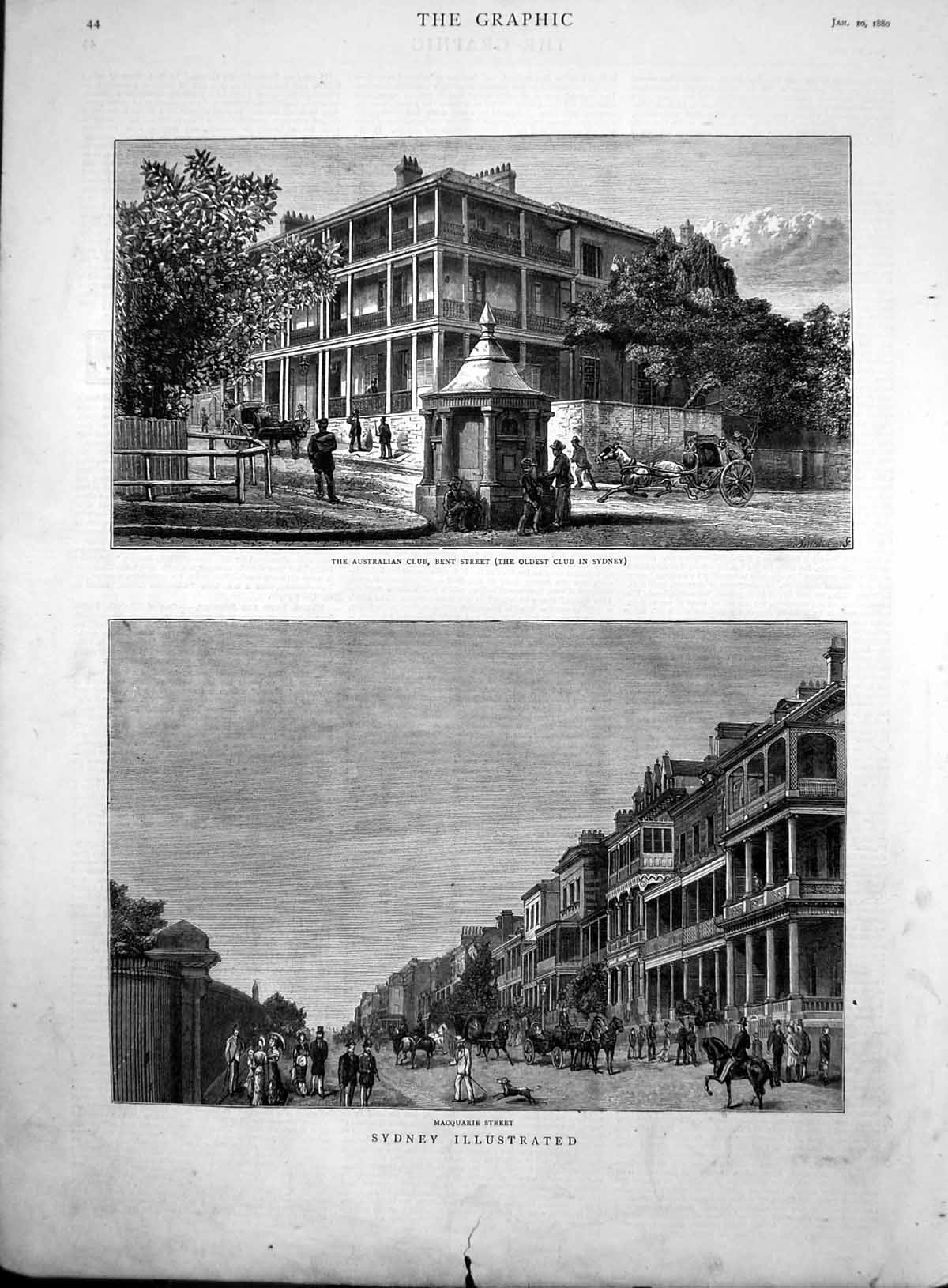 Antique Old Print Sydney Macquarie Street Australian Club Bent Street 1880 19th