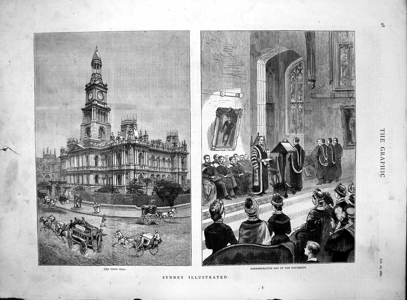 Original Old Antique Print Sydney Town Hall Commemoration Day University 1880