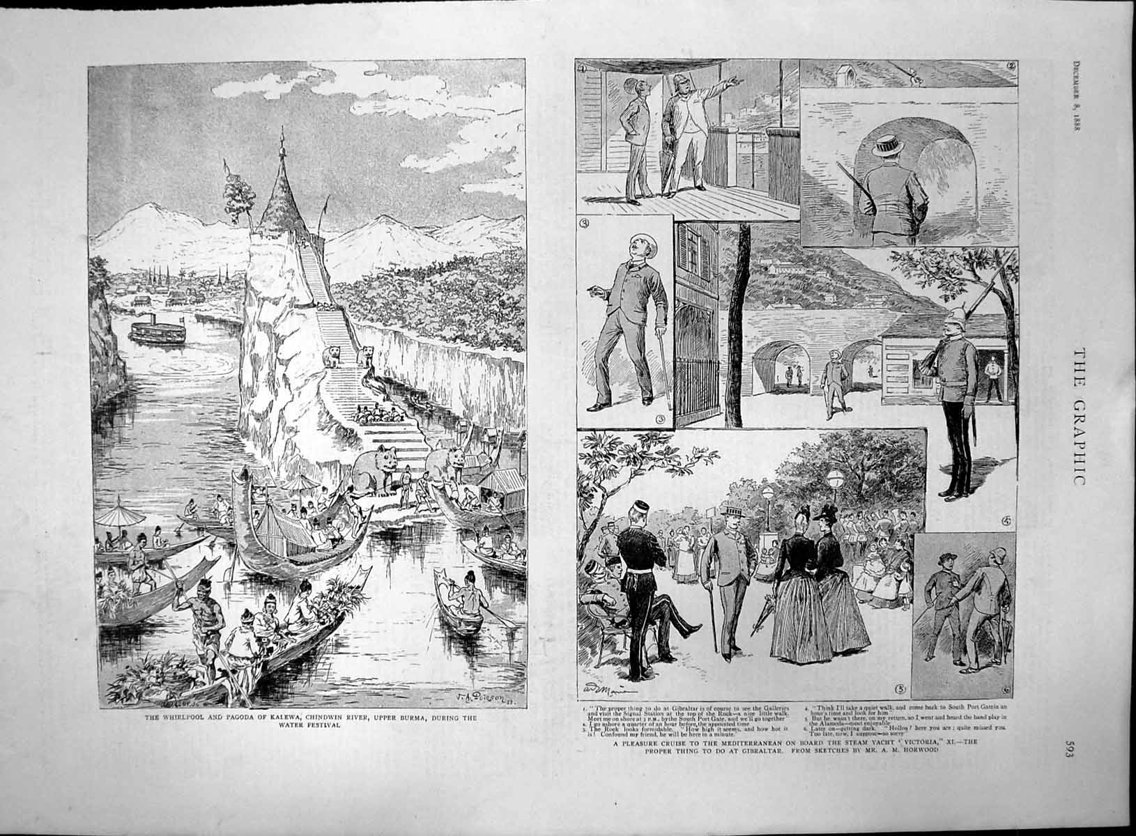 Old Print Whirlpool Kalewa Upper Burma Cruise Mediterranean Victoria 1888 19th