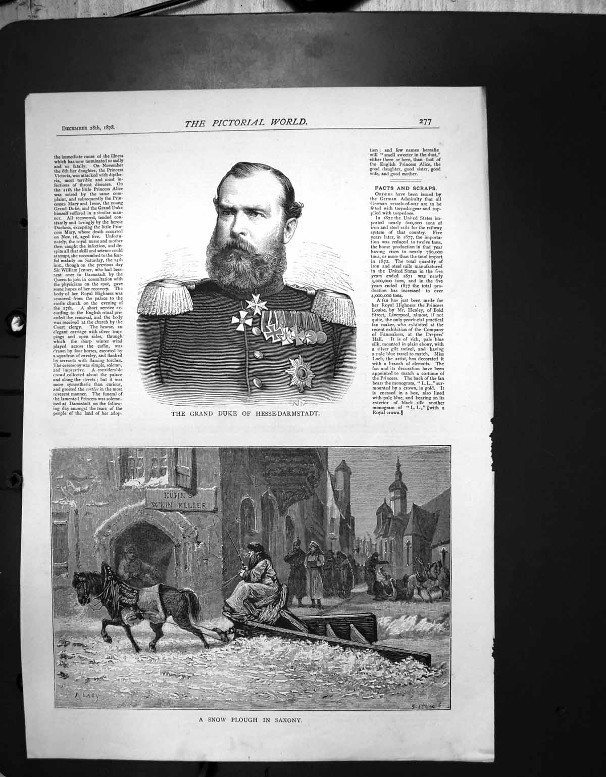Original Old Antique Print Grand Duke Hesse-Darmstadt Snow Plough Saxony 1878
