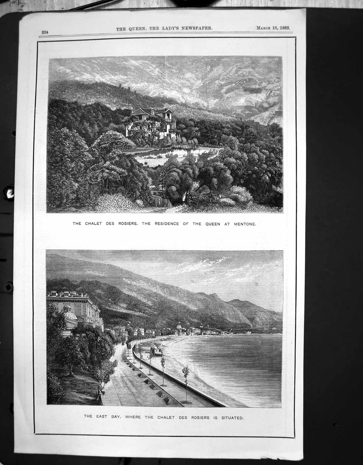 Antique Old Print Chalet Des Rosiers Residence Queen Mentone East Bay 1882 19th