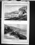 Original Old Antique Print Promenade Du Midi Mentone View Mentone Dogana 1882