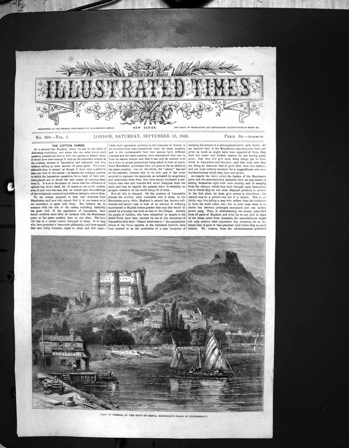 Antique Old Print View Spezzia Gulf Genoa Garibaldis Place Confinement 1862