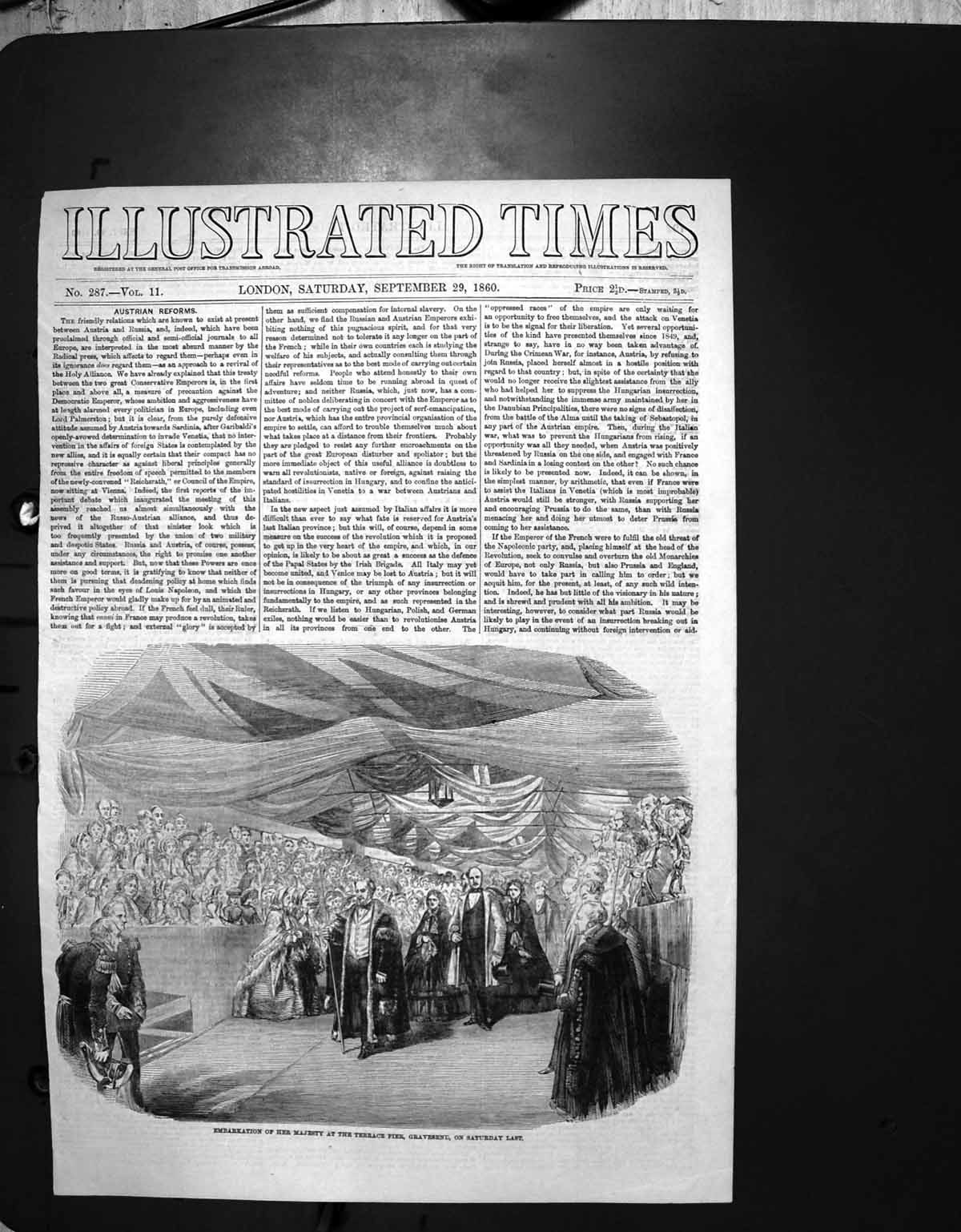 Original Old Antique Print Embarkation Her Majesty Terrace Pier Gravesend 1860