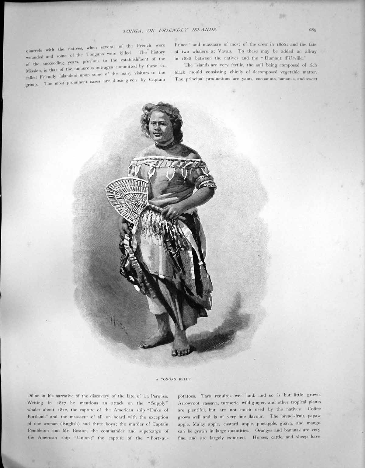 Original Old Antique Print Tonga Or Friendly Islands Tongan Belle C1850 19th