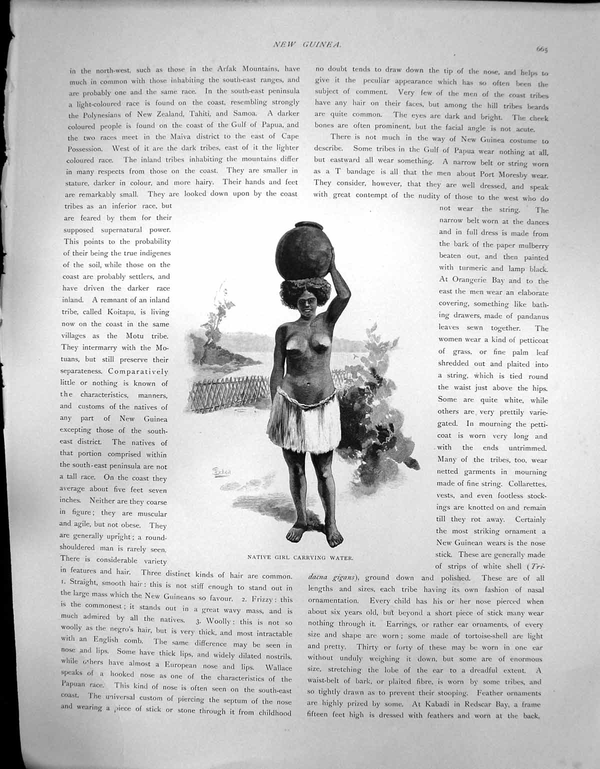 Original Old Antique Print New Guinea Native Girl Carrying Water On Head C 1850