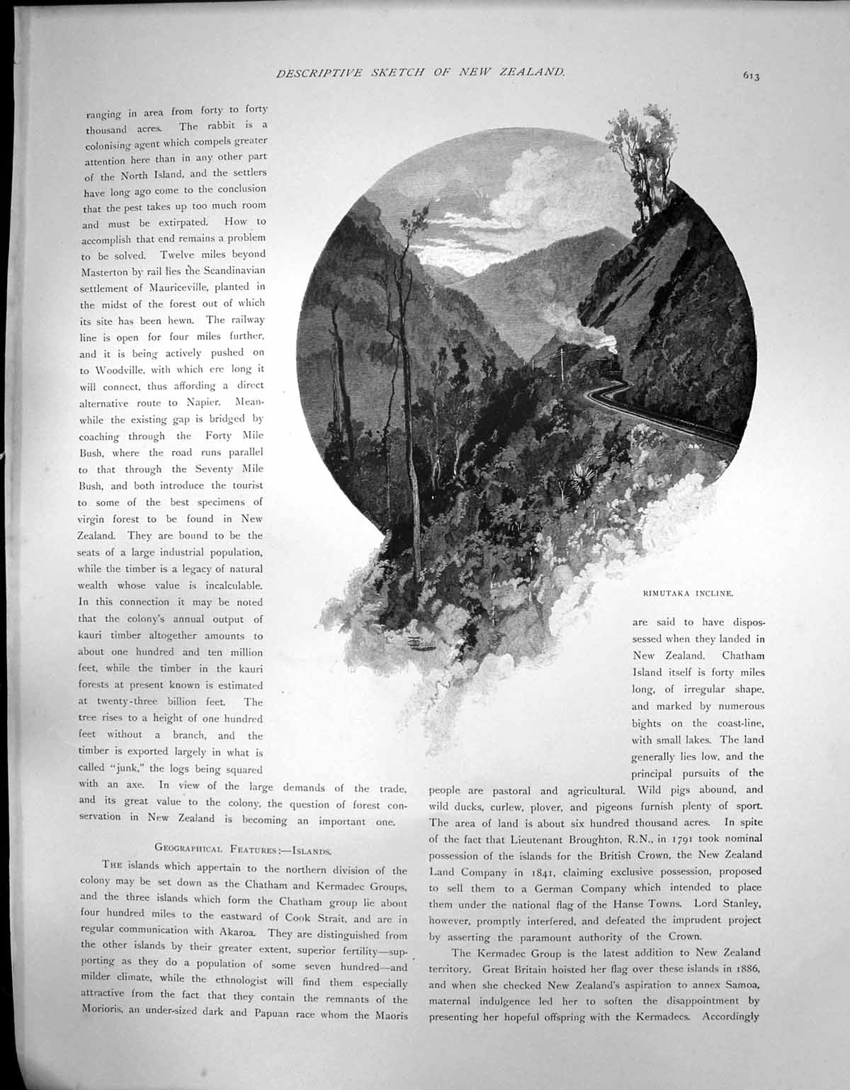 Antique Old Print Descriptive Sketch New Zealand Train Rimutala Incline C1850