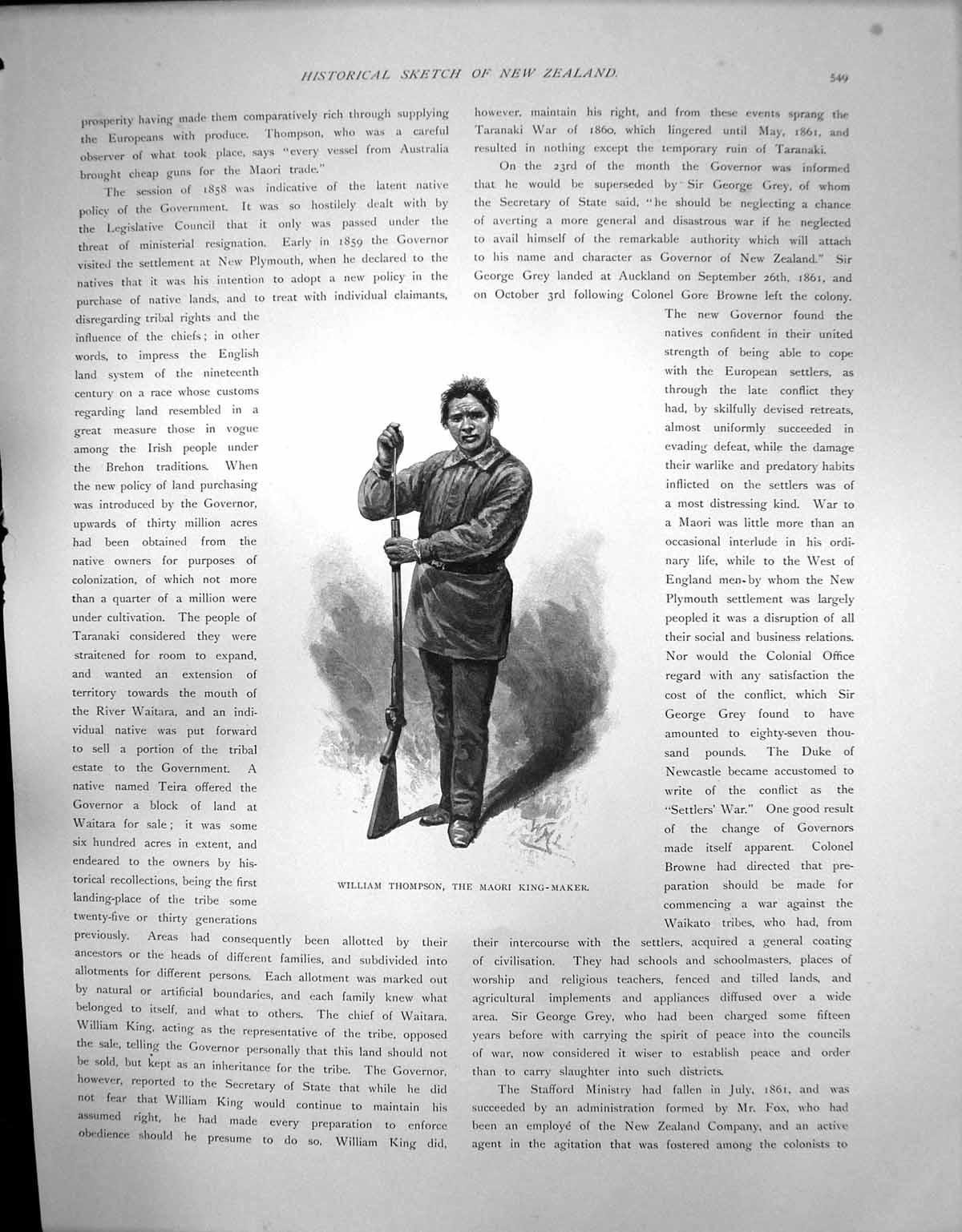 Original Old Antique Print William Thompson Maori King-Maker Rifle C 1900 20th