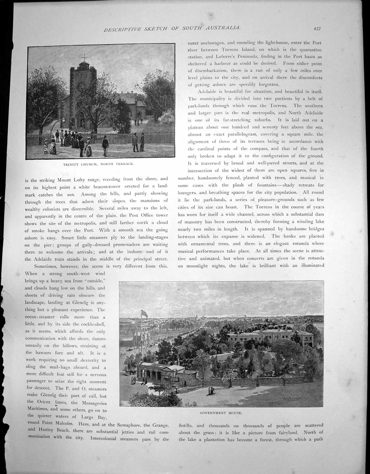 Antique Print Adelaide Government House Trinity Church North Terrace C1900 20th