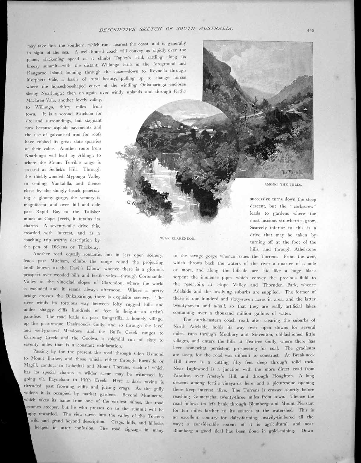 Antique Old Print Sketch South Australia Rock Among Hills Onkaparinga C1900