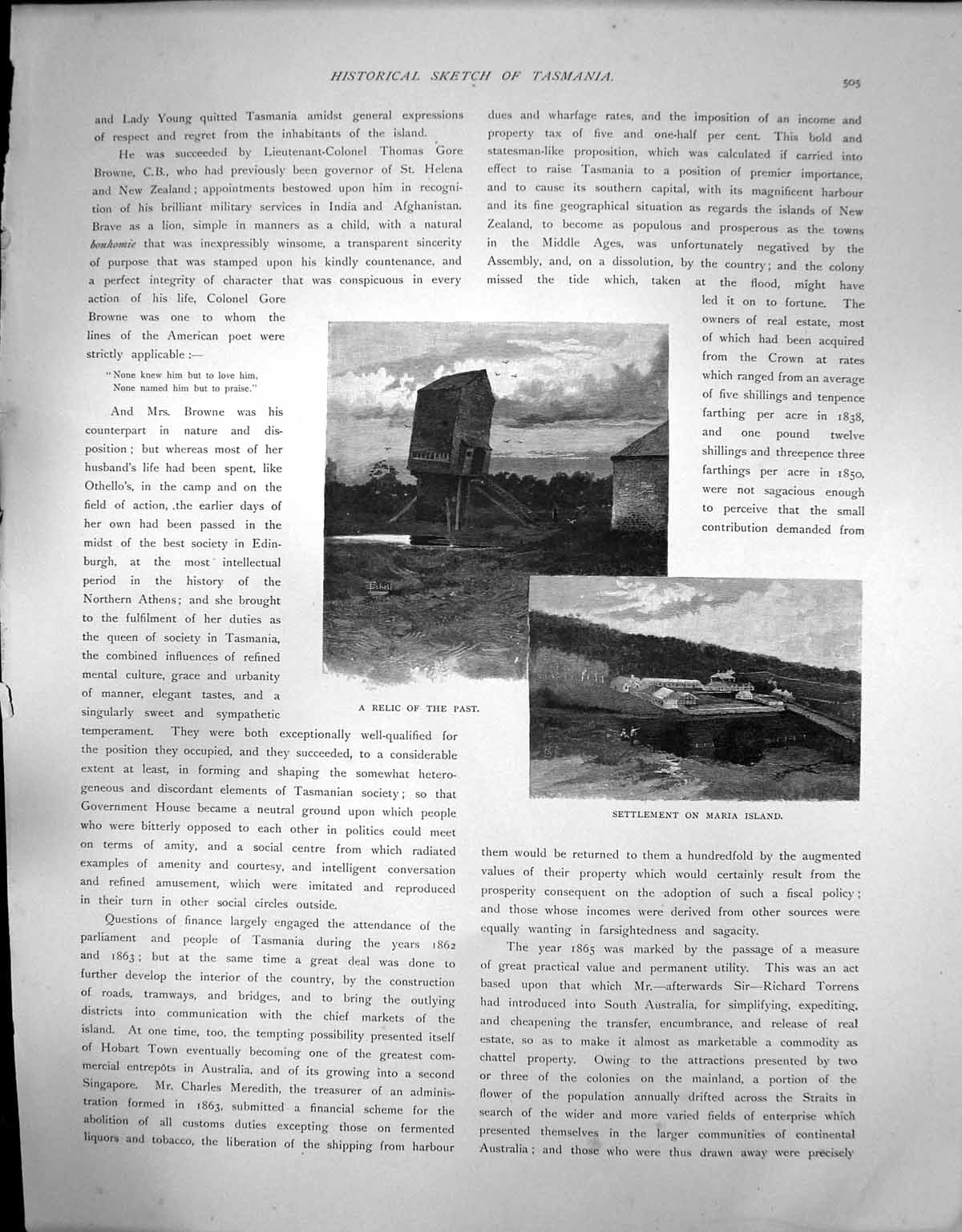 Original Old Antique Print Tasmania Relic Past Settlement Maria Island C 1900