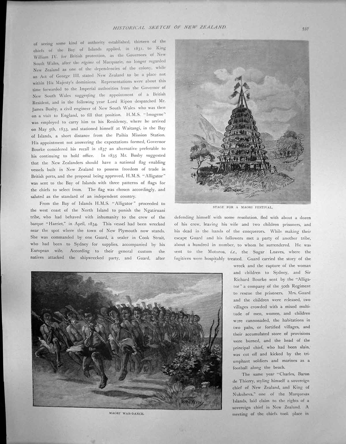 Antique Old Print New Zealand Maori War Dance Stage For Maori Festival C 1900