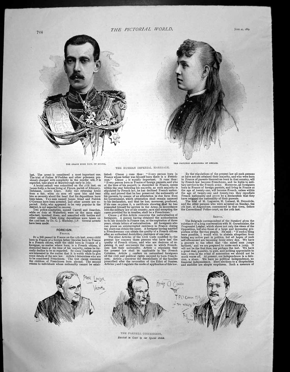 Antique Old Print Parnell Commission Russian Imperial Marriage Duke Paul 1889