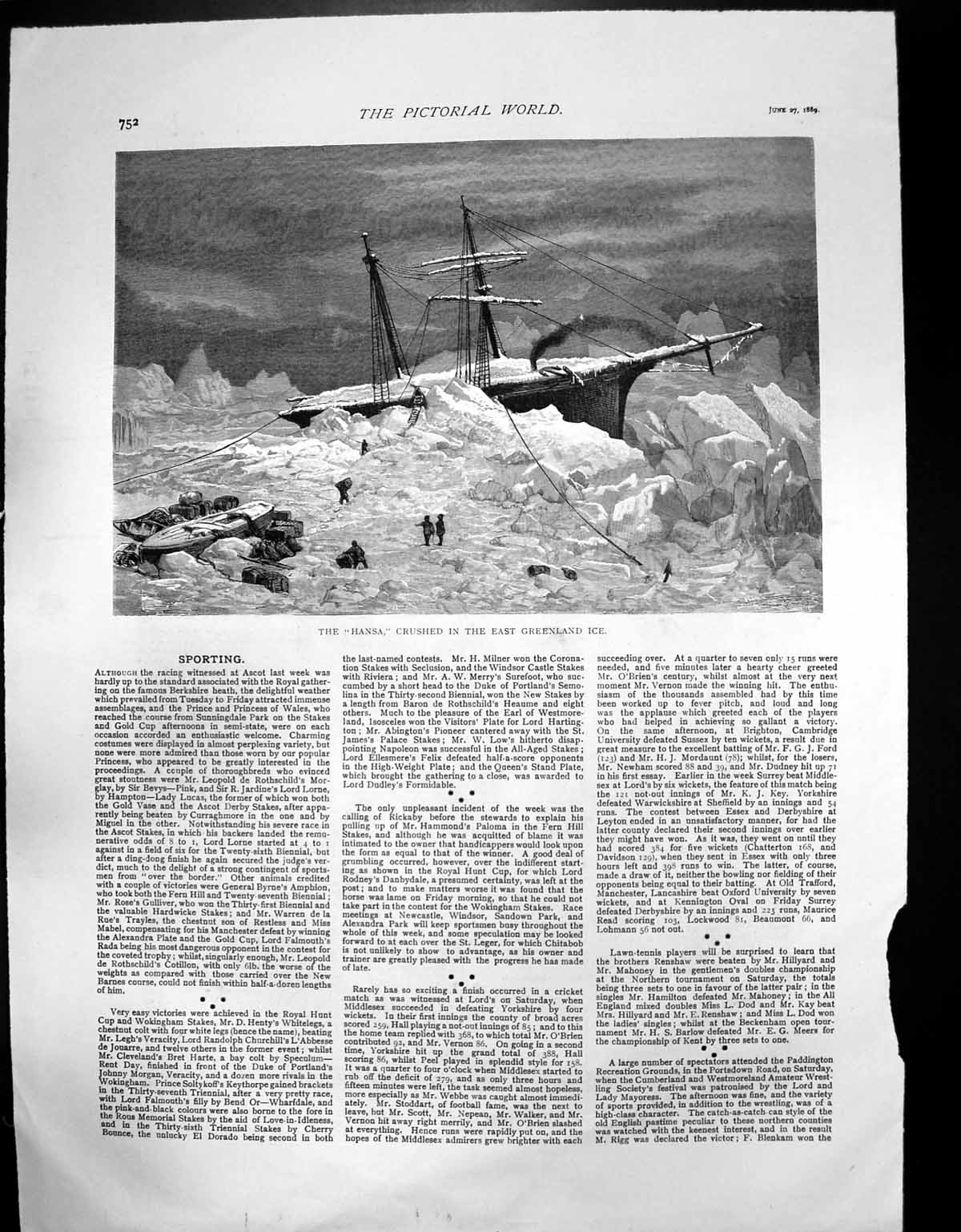 Original Old Antique Print Hansa Ship Crushed East Greenland Ice 1889 Victorian