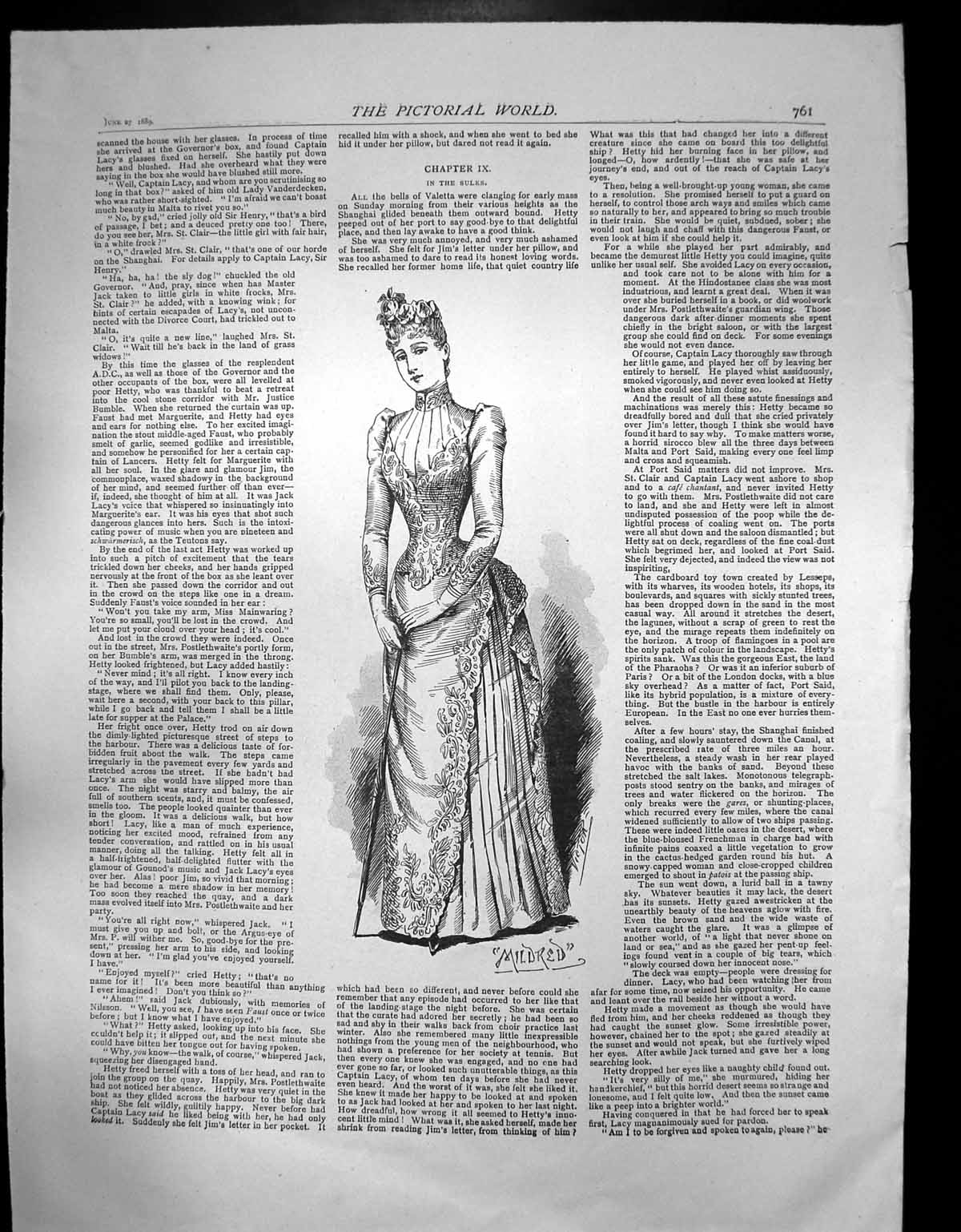 Old Print Pictorial World Ladies Fashions Mildred Dress Lace Bodice 1889 19th