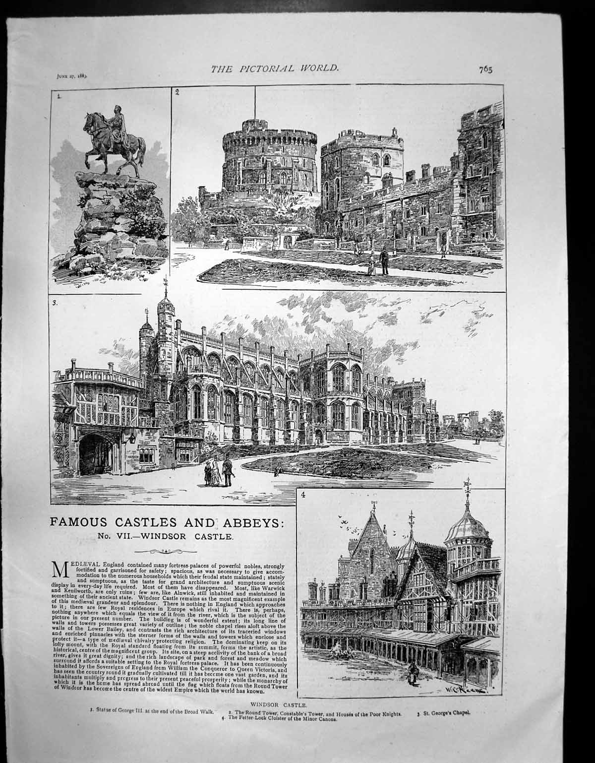 Old Antique Print Windsor Castle St Georges Chapel Statue George 111 1887