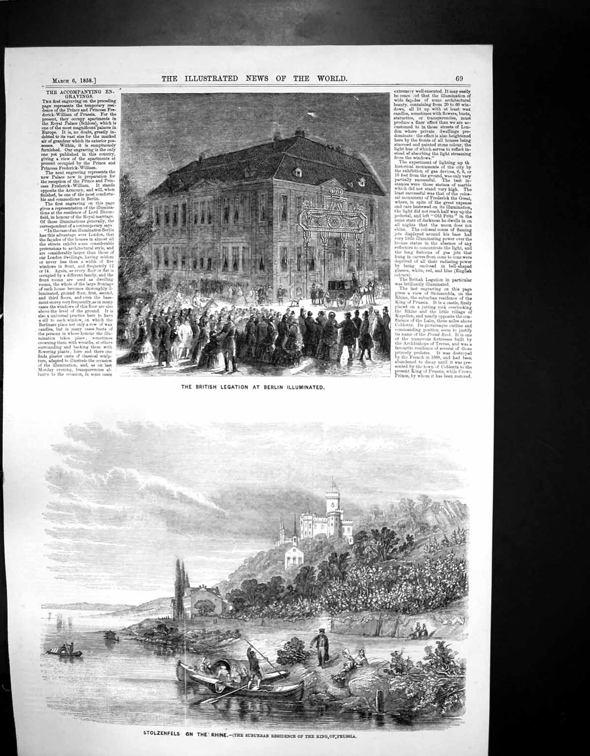 Antique Old Print British Legation Berlin Stolzenfels Rhine King Prussia 1858