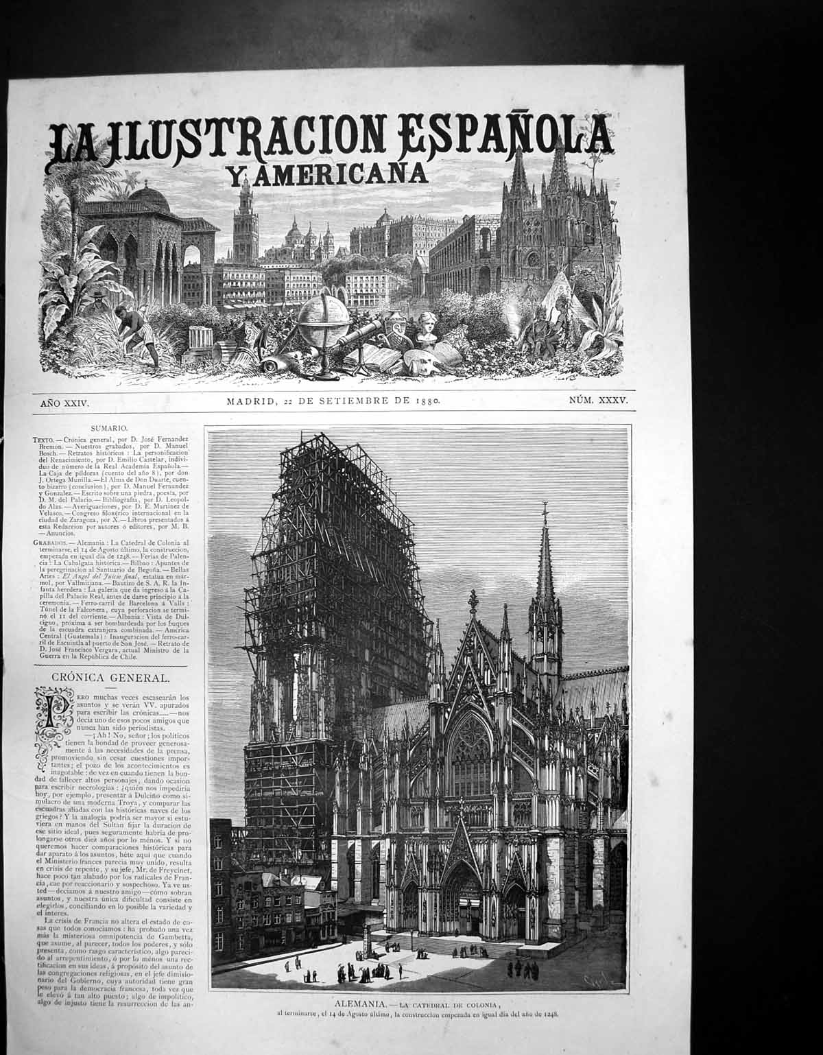 Old Antique Print Ilustration Espanola Alemania Cathedral De Colonia 1880 19th
