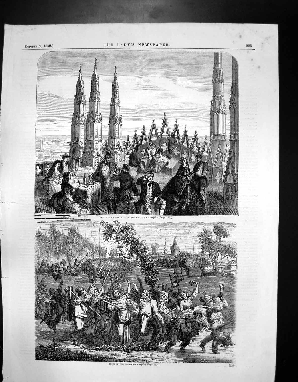Original Old Antique Print Dejeuner RoMilan Cathedral Close Hop Picking 1859