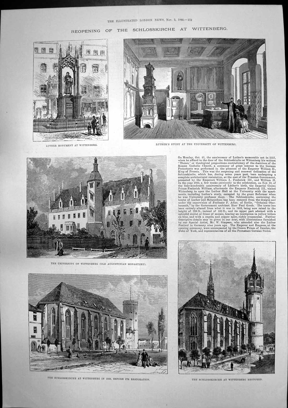 Antique Old Print Schlosskirche Wittenberg Lord Mayor Sheriffs London 1892 19th