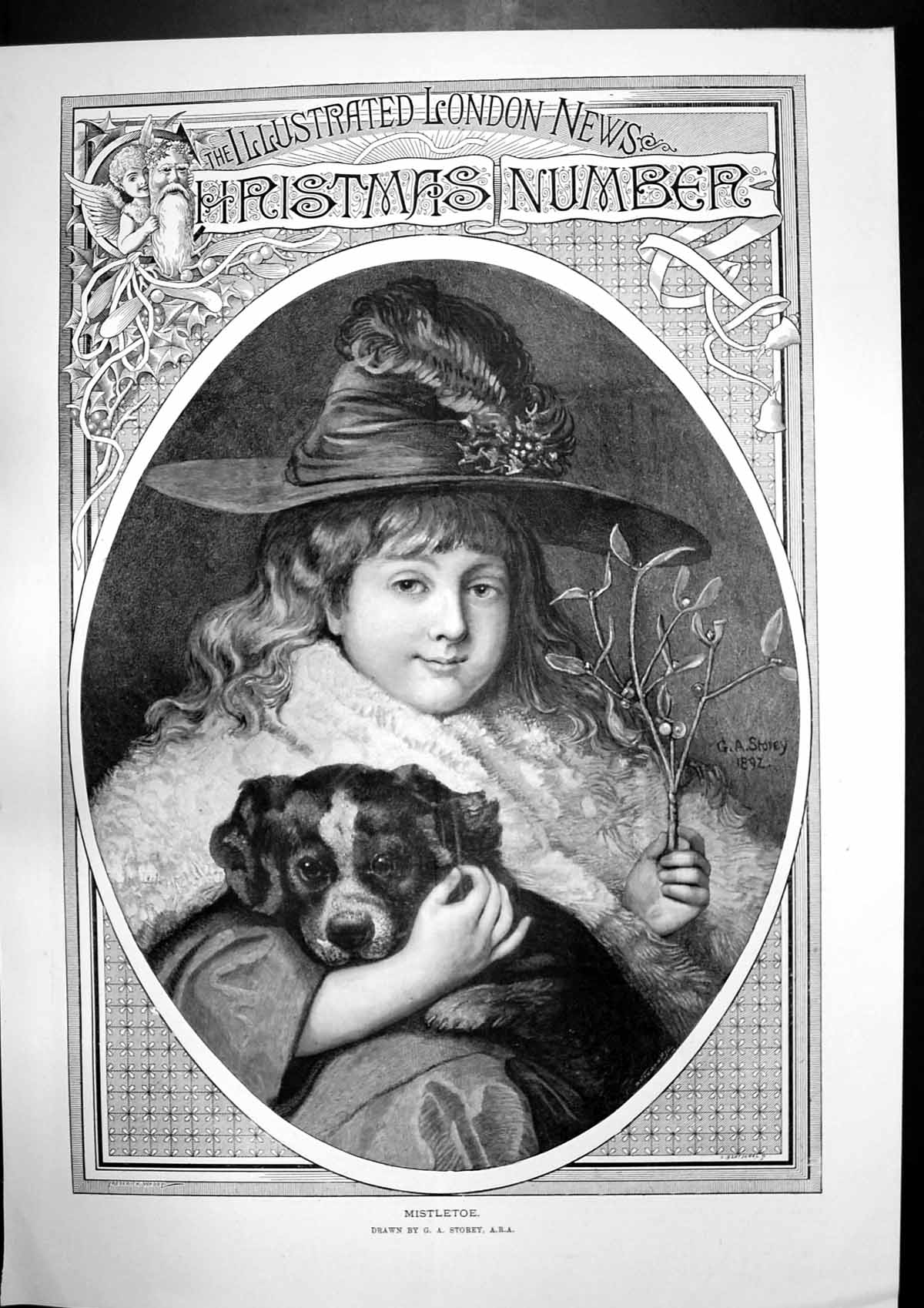 Antique Print Mistletoe Ga Storey Girl Puppy Princess Ice Heart Fairy 1892 19th