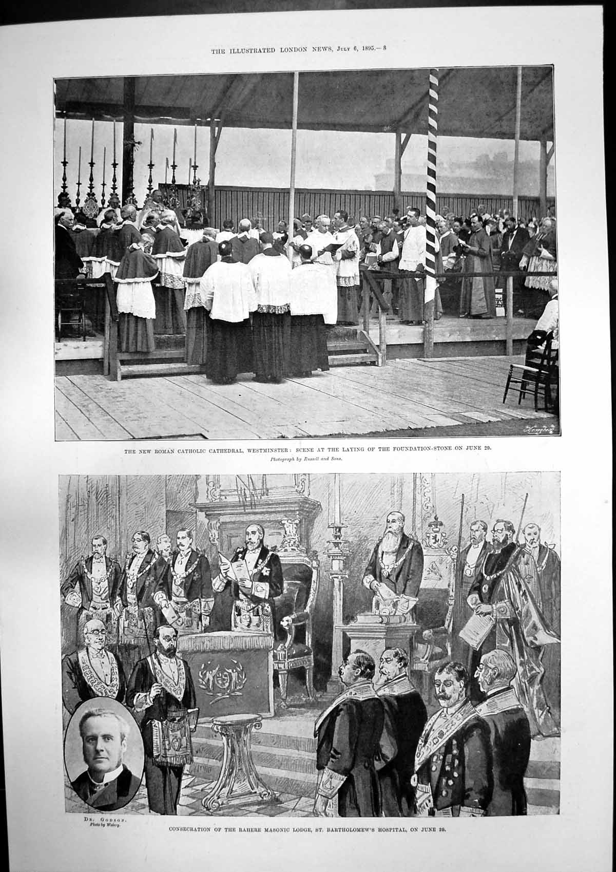 Old Antique Print Catholic Church Westminster Rahere Masonic Lodge 1895 19th