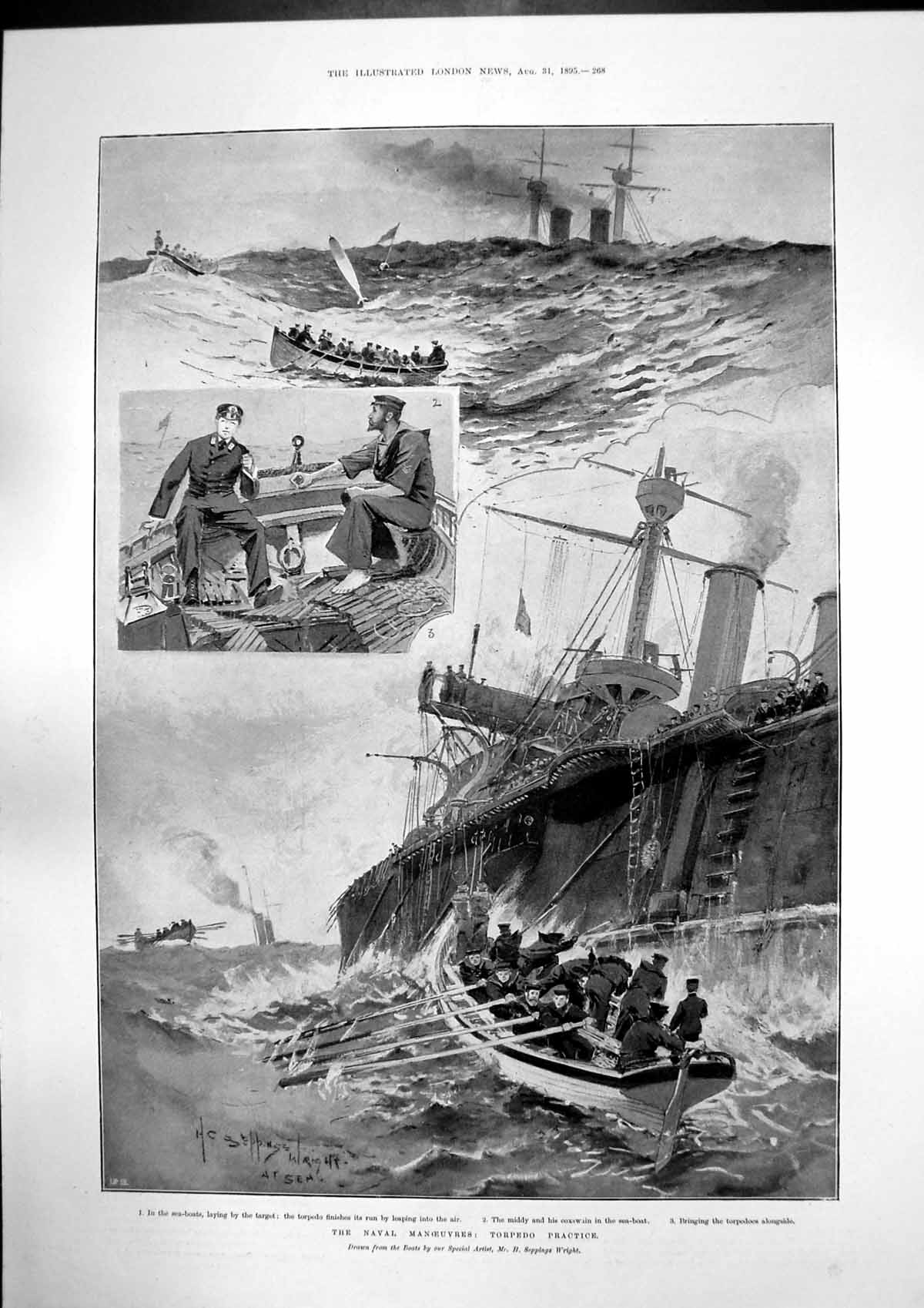 Antique Old Print Naval Manoeuvres Torpedo Practice Coxswain Sea Boat 1895 19th