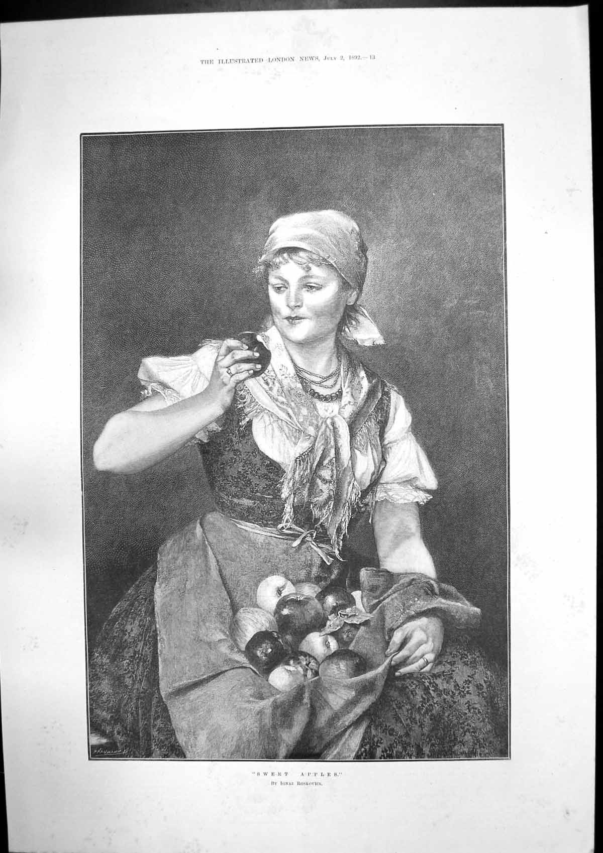 Antique Old Print Sweet Apples Girl I Roskovics Hogarths Six Servants 1892 19th